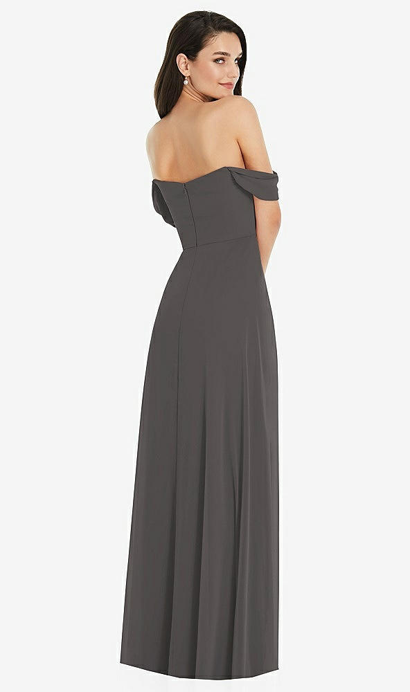 Back View - Caviar Gray Off-the-Shoulder Draped Sleeve Maxi Dress with Front Slit
