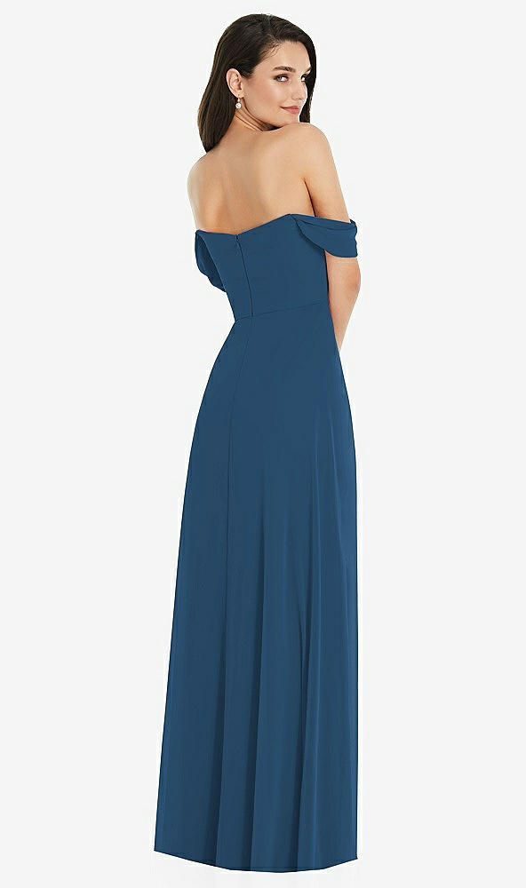 Back View - Dusk Blue Off-the-Shoulder Draped Sleeve Maxi Dress with Front Slit