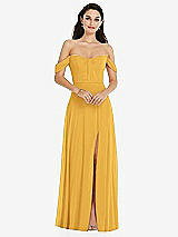 Front View Thumbnail - NYC Yellow Off-the-Shoulder Draped Sleeve Maxi Dress with Front Slit