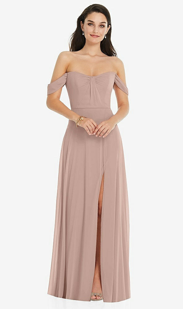 Front View - Bliss Off-the-Shoulder Draped Sleeve Maxi Dress with Front Slit
