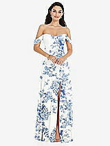 Front View Thumbnail - Cottage Rose Dusk Blue Off-the-Shoulder Draped Sleeve Maxi Dress with Front Slit