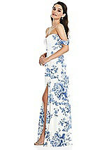 Side View Thumbnail - Cottage Rose Dusk Blue Off-the-Shoulder Draped Sleeve Maxi Dress with Front Slit
