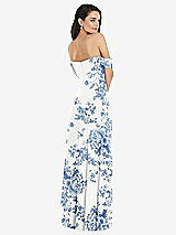 Rear View Thumbnail - Cottage Rose Dusk Blue Off-the-Shoulder Draped Sleeve Maxi Dress with Front Slit