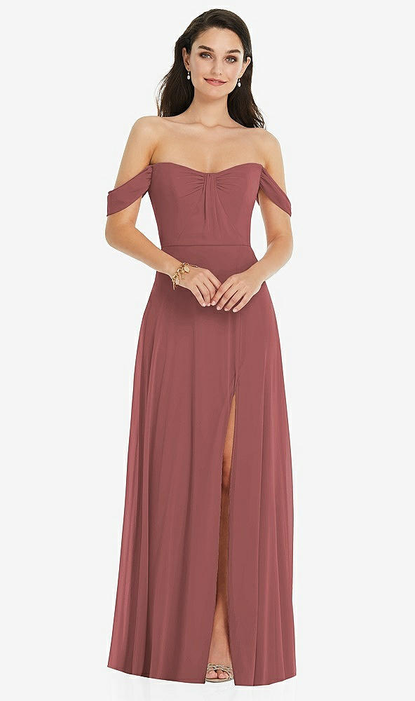 Front View - English Rose Off-the-Shoulder Draped Sleeve Maxi Dress with Front Slit