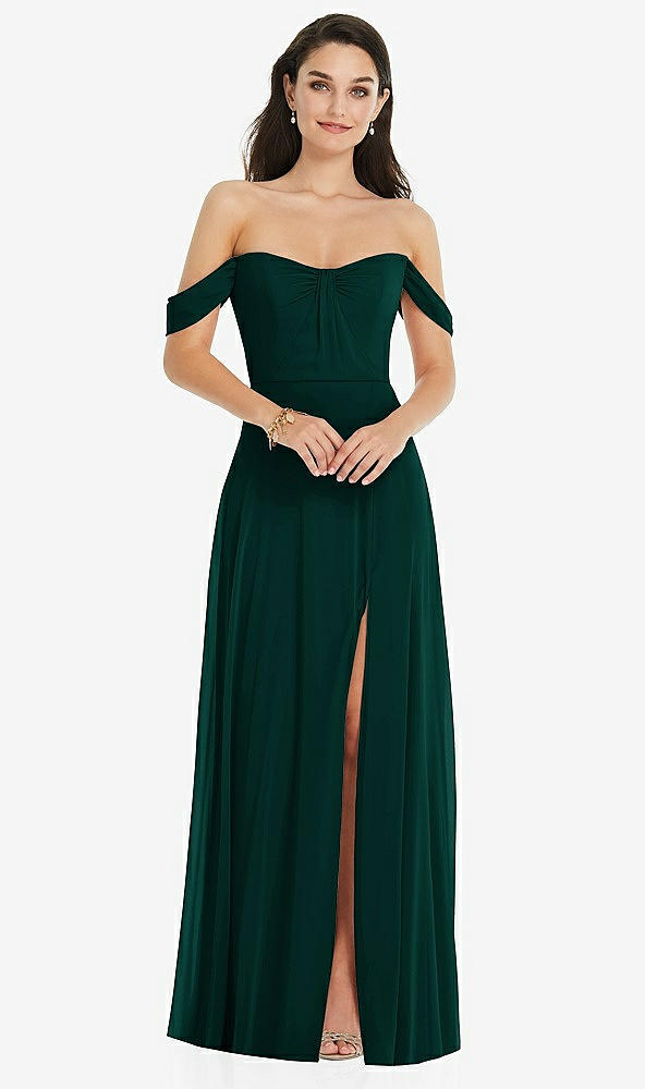Front View - Evergreen Off-the-Shoulder Draped Sleeve Maxi Dress with Front Slit