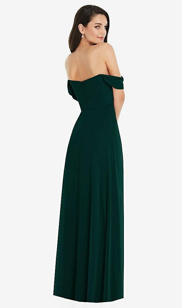 Back View - Evergreen Off-the-Shoulder Draped Sleeve Maxi Dress with Front Slit