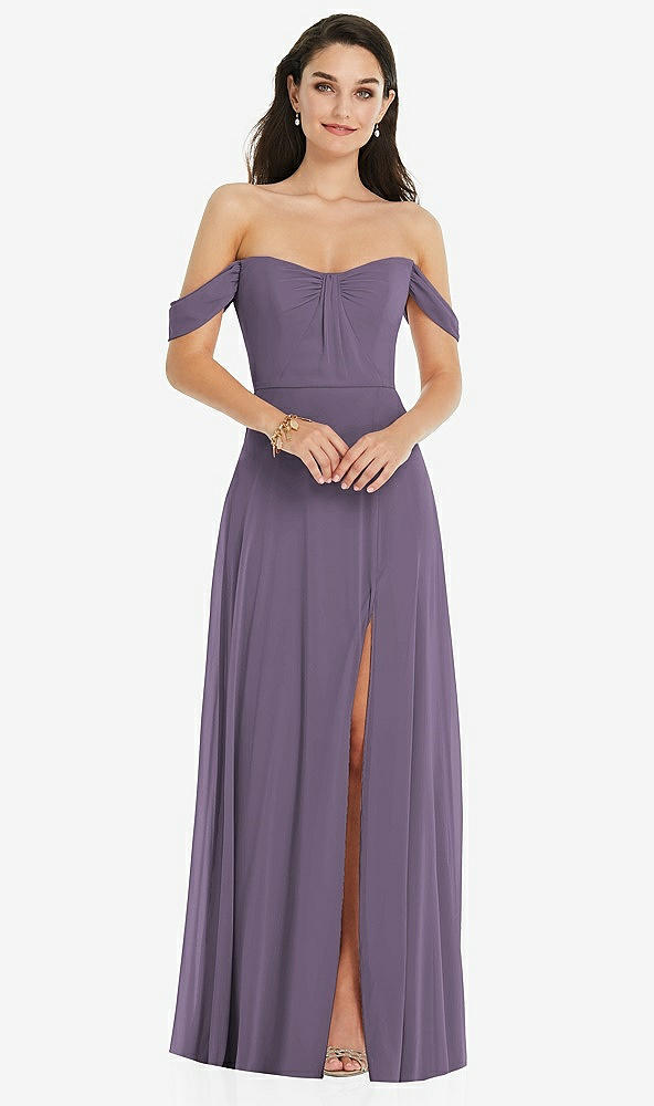 Front View - Lavender Off-the-Shoulder Draped Sleeve Maxi Dress with Front Slit