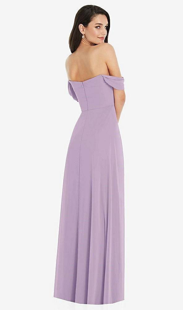 Back View - Pale Purple Off-the-Shoulder Draped Sleeve Maxi Dress with Front Slit