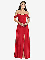 Front View Thumbnail - Parisian Red Off-the-Shoulder Draped Sleeve Maxi Dress with Front Slit