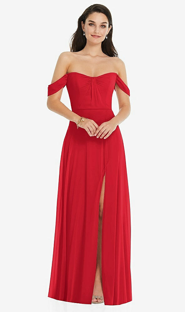 Front View - Parisian Red Off-the-Shoulder Draped Sleeve Maxi Dress with Front Slit