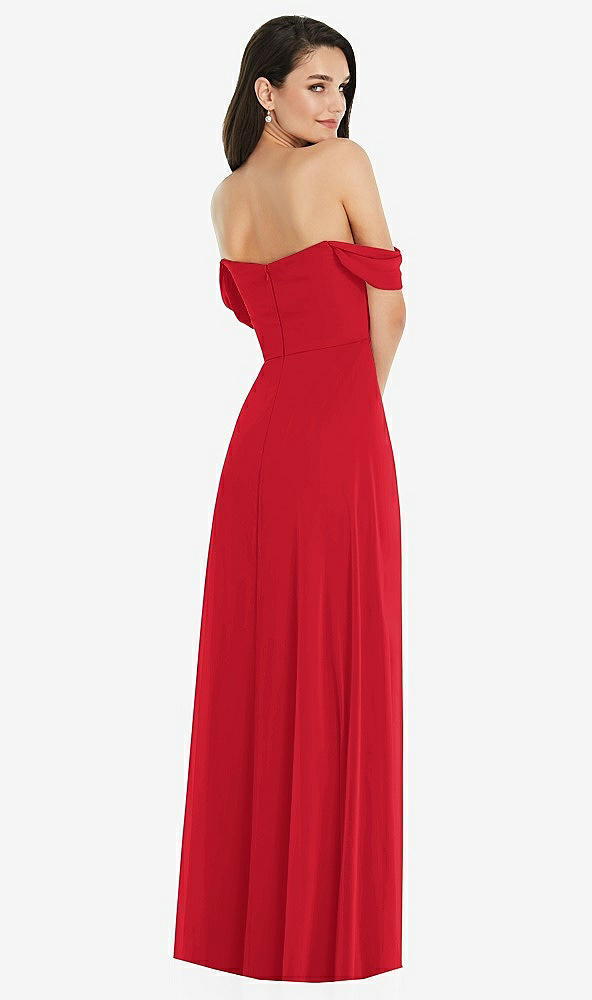 Back View - Parisian Red Off-the-Shoulder Draped Sleeve Maxi Dress with Front Slit