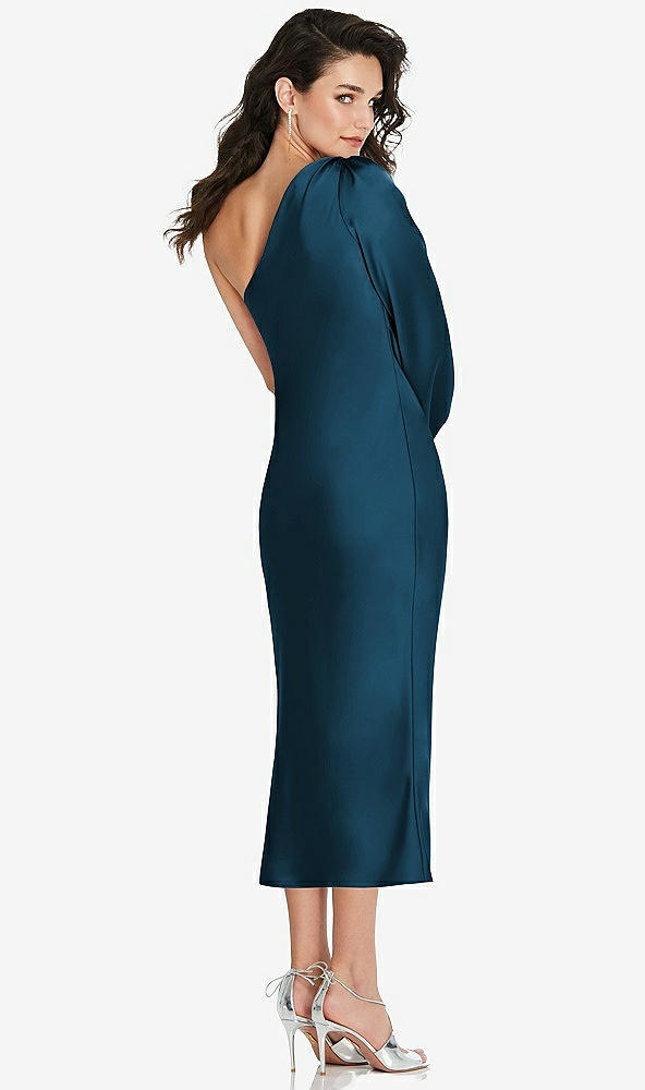Back View - Atlantic Blue One-Shoulder Puff Sleeve Midi Bias Dress with Side Slit