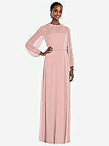 Front View Thumbnail - Rose - PANTONE Rose Quartz Strapless Chiffon Maxi Dress with Puff Sleeve Blouson Overlay 