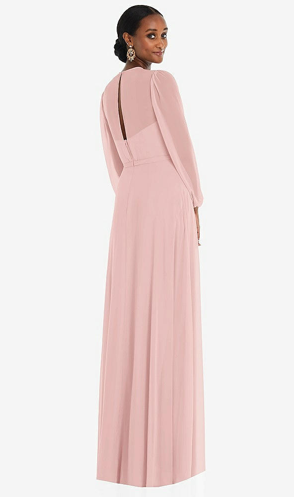 Back View - Rose - PANTONE Rose Quartz Strapless Chiffon Maxi Dress with Puff Sleeve Blouson Overlay 