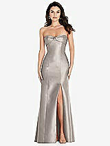 Front View Thumbnail - Taupe Bow Cuff Strapless Princess Waist Trumpet Gown