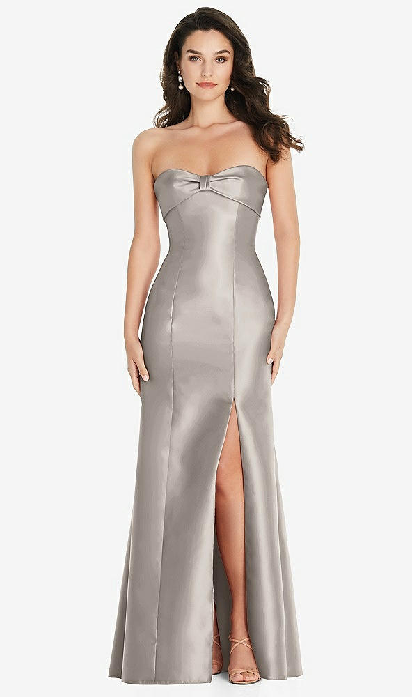 Front View - Taupe Bow Cuff Strapless Princess Waist Trumpet Gown