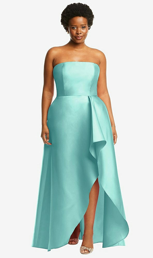 Front View - Coastal Strapless Satin Gown with Draped Front Slit and Pockets