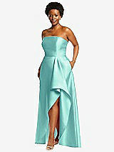 Side View Thumbnail - Coastal Strapless Satin Gown with Draped Front Slit and Pockets