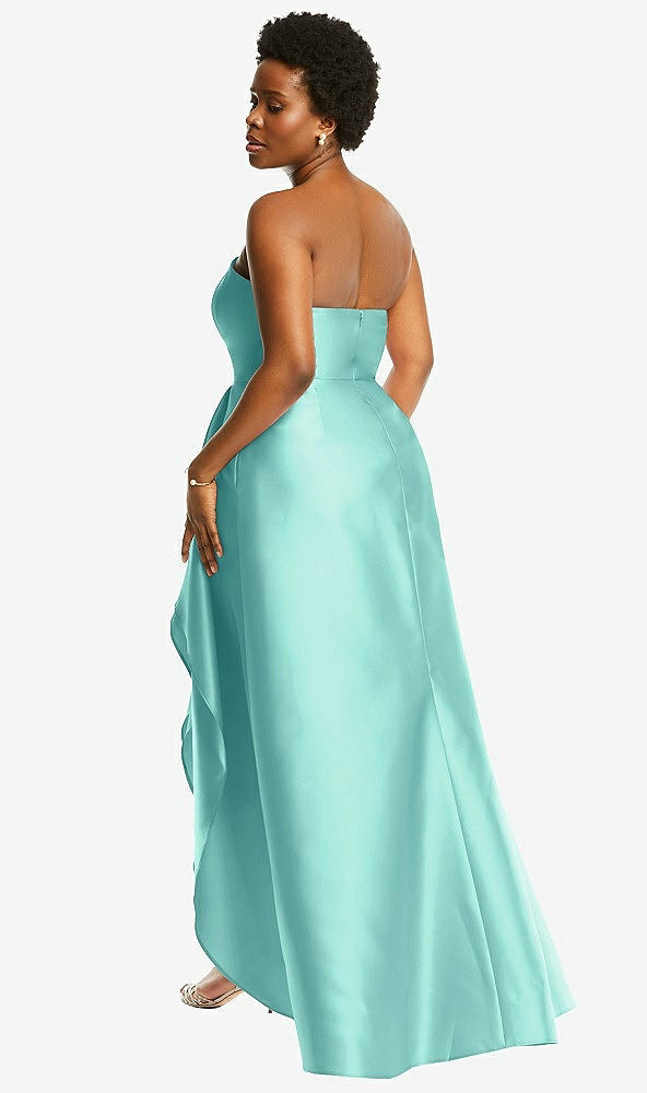 Back View - Coastal Strapless Satin Gown with Draped Front Slit and Pockets