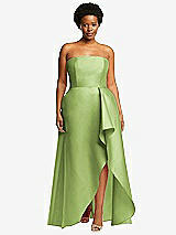 Front View Thumbnail - Mojito Strapless Satin Gown with Draped Front Slit and Pockets