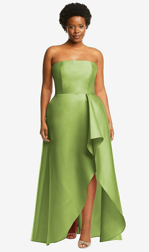 Front View - Mojito Strapless Satin Gown with Draped Front Slit and Pockets