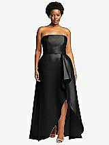 Front View Thumbnail - Black Strapless Satin Gown with Draped Front Slit and Pockets