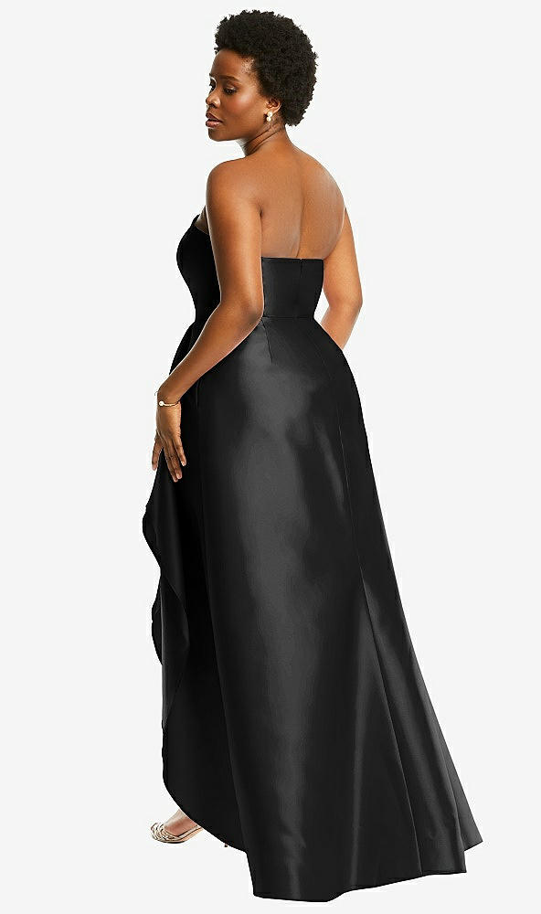 Back View - Black Strapless Satin Gown with Draped Front Slit and Pockets
