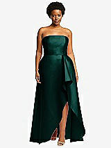 Front View Thumbnail - Evergreen Strapless Satin Gown with Draped Front Slit and Pockets
