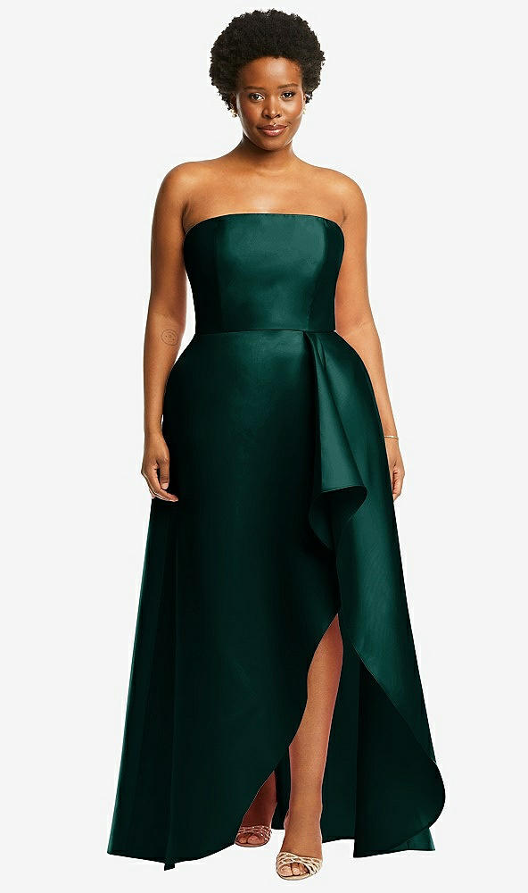 Front View - Evergreen Strapless Satin Gown with Draped Front Slit and Pockets