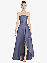 Alt View 1 Thumbnail - French Blue Strapless Satin Gown with Draped Front Slit and Pockets