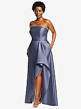 Side View Thumbnail - French Blue Strapless Satin Gown with Draped Front Slit and Pockets