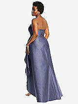 Rear View Thumbnail - French Blue Strapless Satin Gown with Draped Front Slit and Pockets