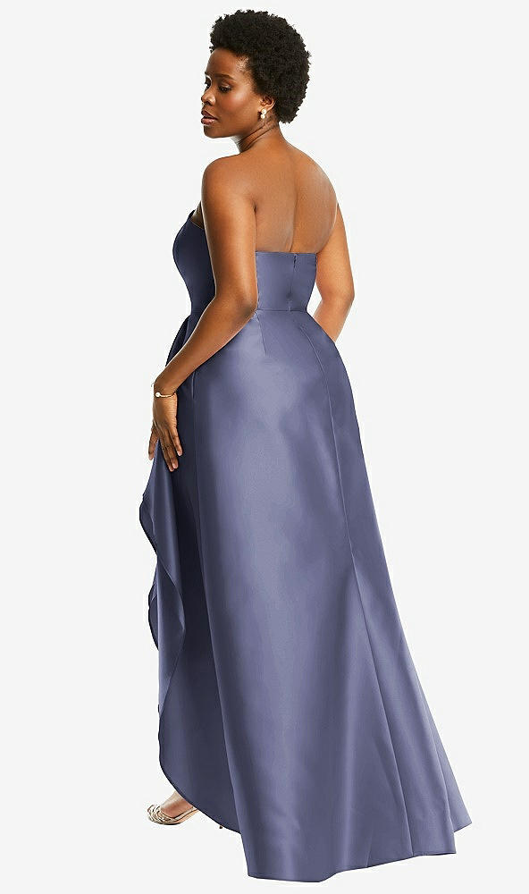 Back View - French Blue Strapless Satin Gown with Draped Front Slit and Pockets