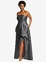 Side View Thumbnail - Gunmetal Strapless Satin Gown with Draped Front Slit and Pockets