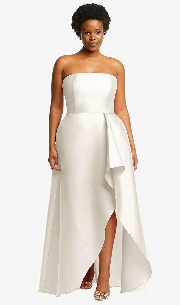 Front View - Ivory Strapless Satin Gown with Draped Front Slit and Pockets