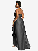 Rear View Thumbnail - Pewter Strapless Satin Gown with Draped Front Slit and Pockets