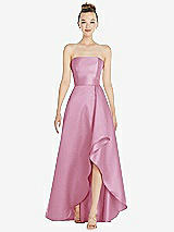 Alt View 1 Thumbnail - Powder Pink Strapless Satin Gown with Draped Front Slit and Pockets