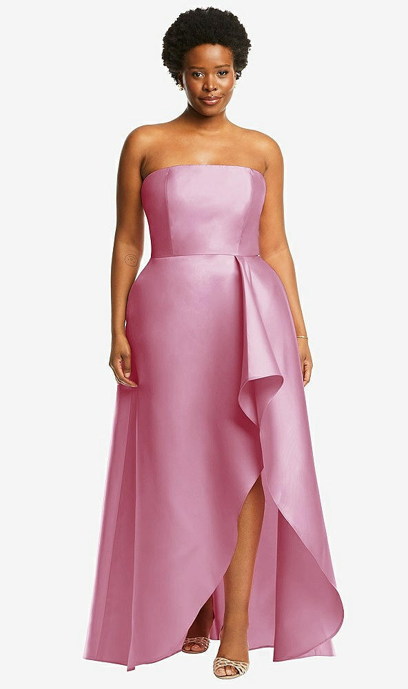 Front View - Powder Pink Strapless Satin Gown with Draped Front Slit and Pockets
