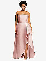 Front View Thumbnail - Rose - PANTONE Rose Quartz Strapless Satin Gown with Draped Front Slit and Pockets