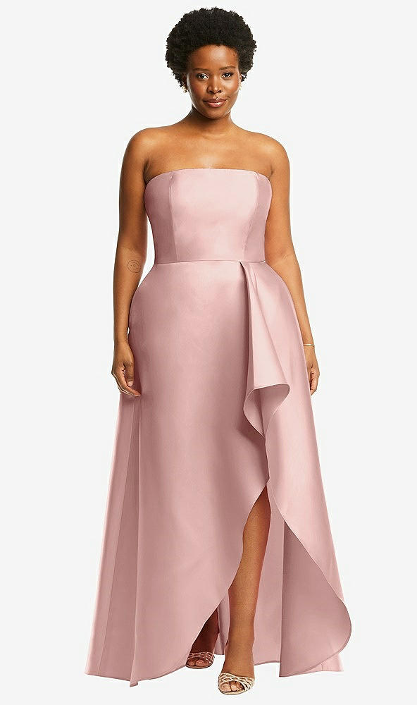 Front View - Rose - PANTONE Rose Quartz Strapless Satin Gown with Draped Front Slit and Pockets
