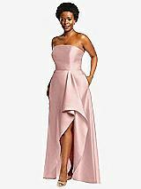 Side View Thumbnail - Rose - PANTONE Rose Quartz Strapless Satin Gown with Draped Front Slit and Pockets