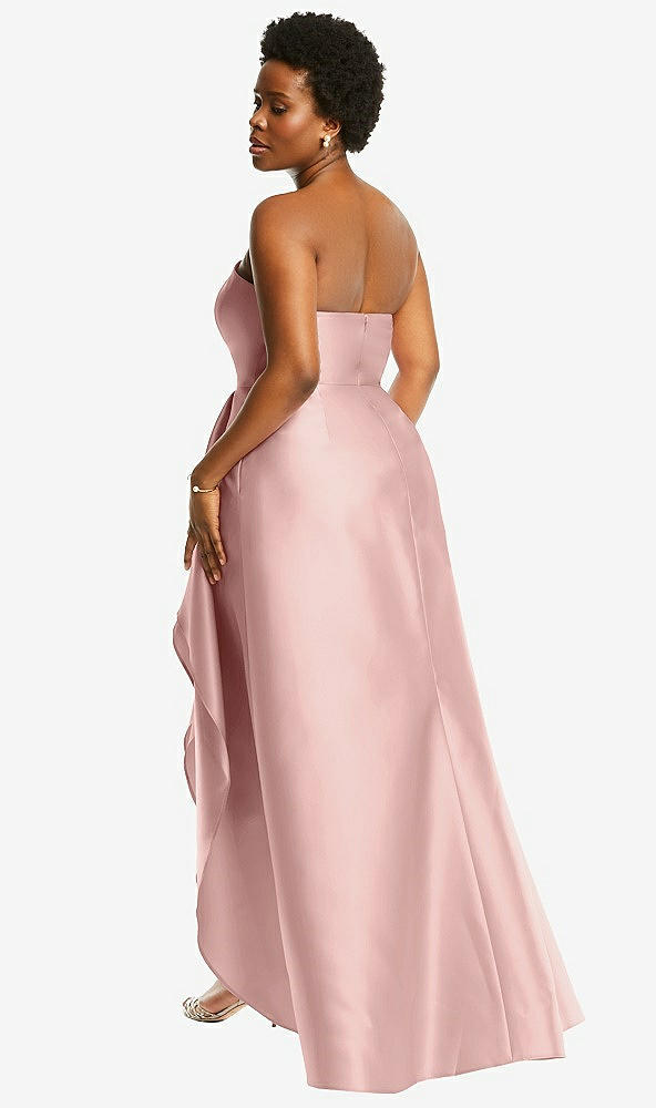 Back View - Rose - PANTONE Rose Quartz Strapless Satin Gown with Draped Front Slit and Pockets