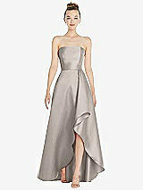 Alt View 1 Thumbnail - Taupe Strapless Satin Gown with Draped Front Slit and Pockets