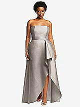 Front View Thumbnail - Taupe Strapless Satin Gown with Draped Front Slit and Pockets