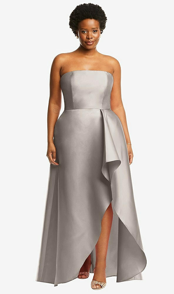 Front View - Taupe Strapless Satin Gown with Draped Front Slit and Pockets