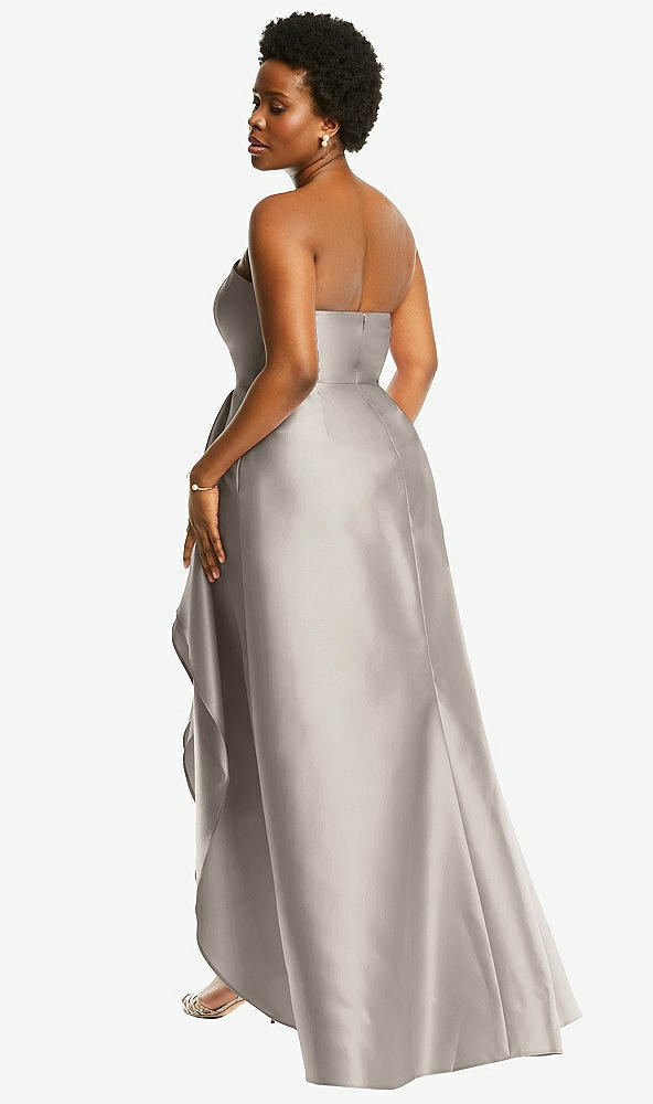 Back View - Taupe Strapless Satin Gown with Draped Front Slit and Pockets