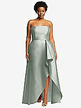 Front View Thumbnail - Willow Green Strapless Satin Gown with Draped Front Slit and Pockets