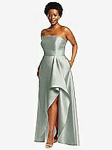 Side View Thumbnail - Willow Green Strapless Satin Gown with Draped Front Slit and Pockets
