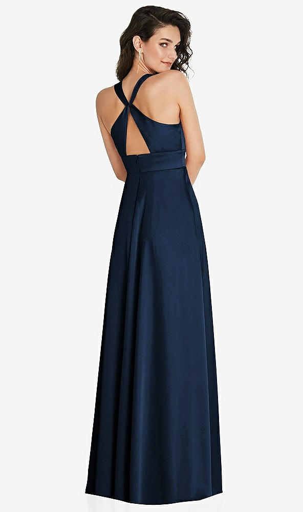 Back View - Midnight Navy Shirred Shoulder Criss Cross Back Maxi Dress with Front Slit