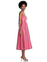 Side View Thumbnail - Punch Square Neck Full Skirt Satin Midi Dress with Pockets